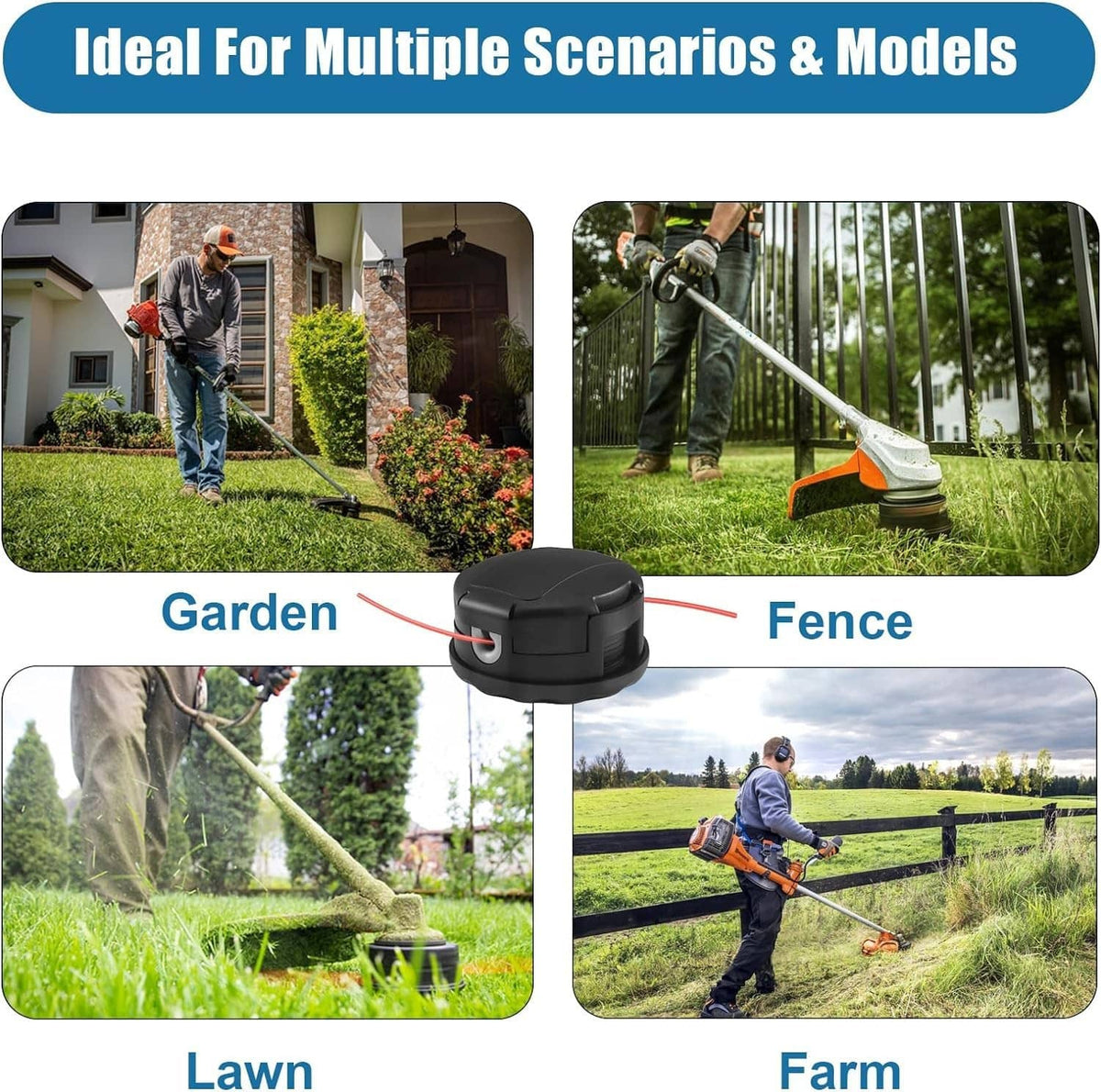 Black string trimmer head with red cutting line for lawn, fence, and garden use