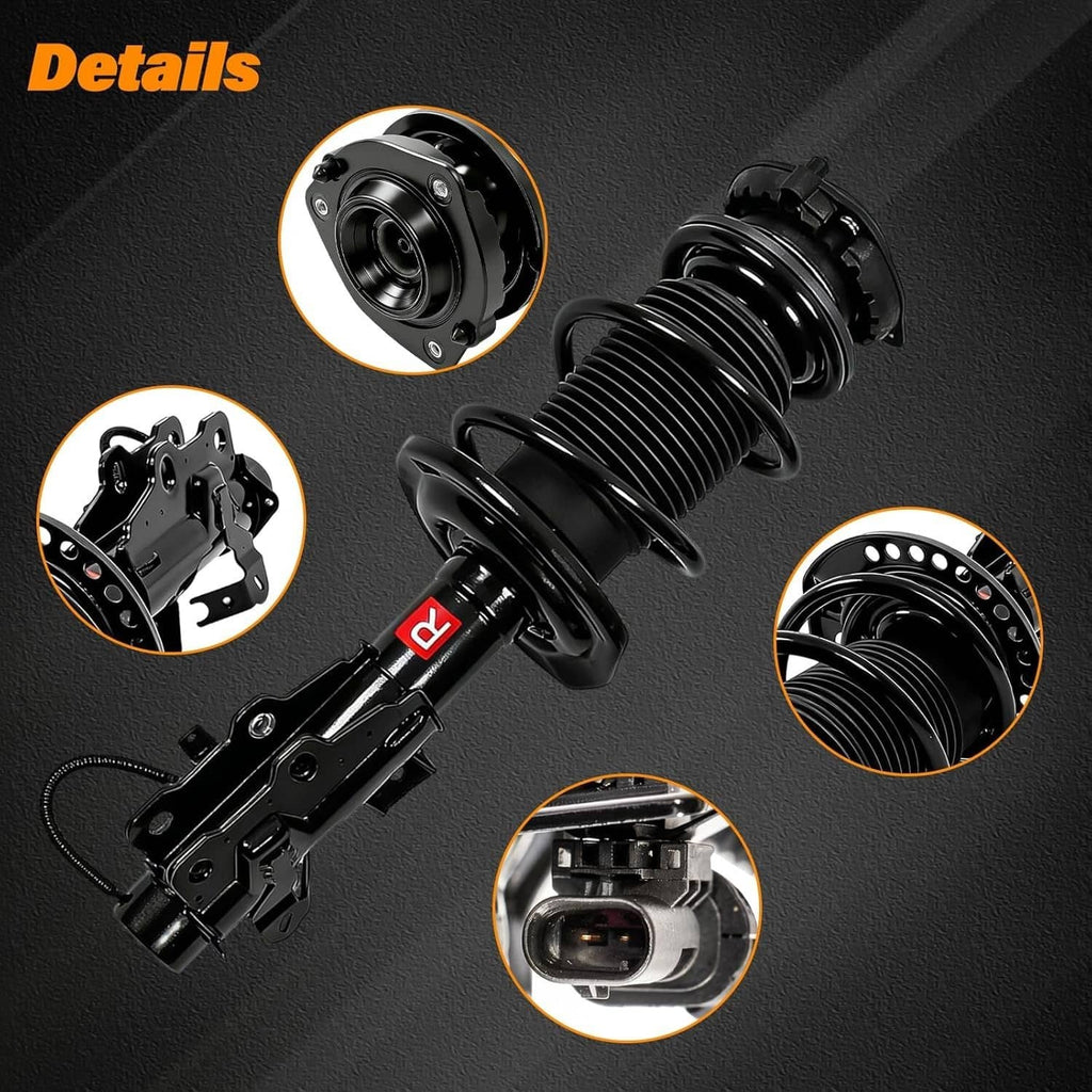 Front strut assembly pair with black coil springs and sensor wire connection