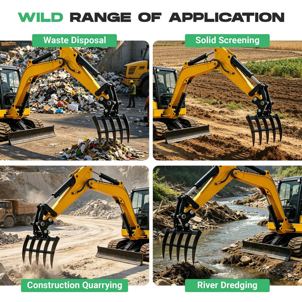 Mini excavator rake attachment with five tines for screening, shown on excavator in work scene