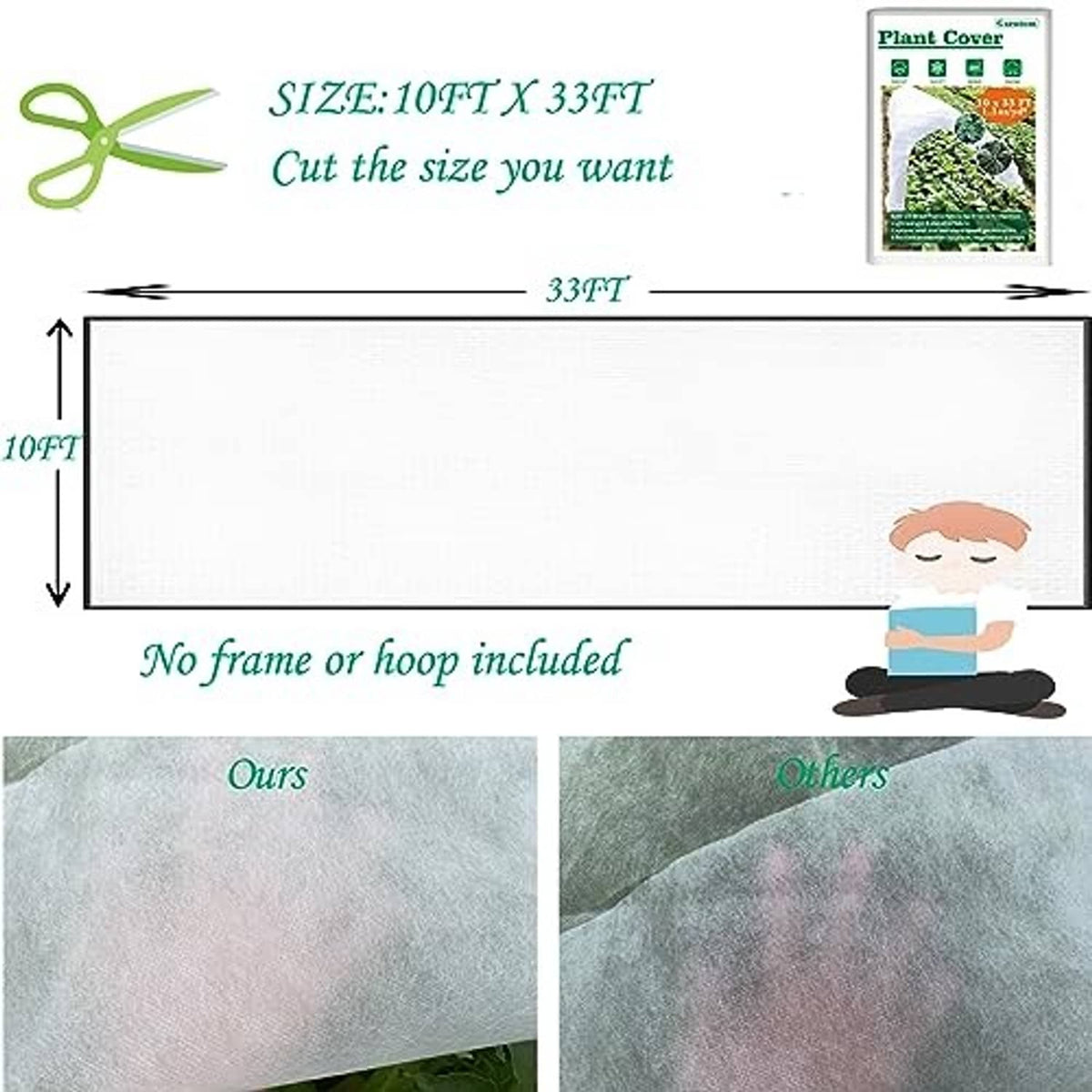 10 x 33 ft plant cover size guide and fabric texture close-up, no hoops included
