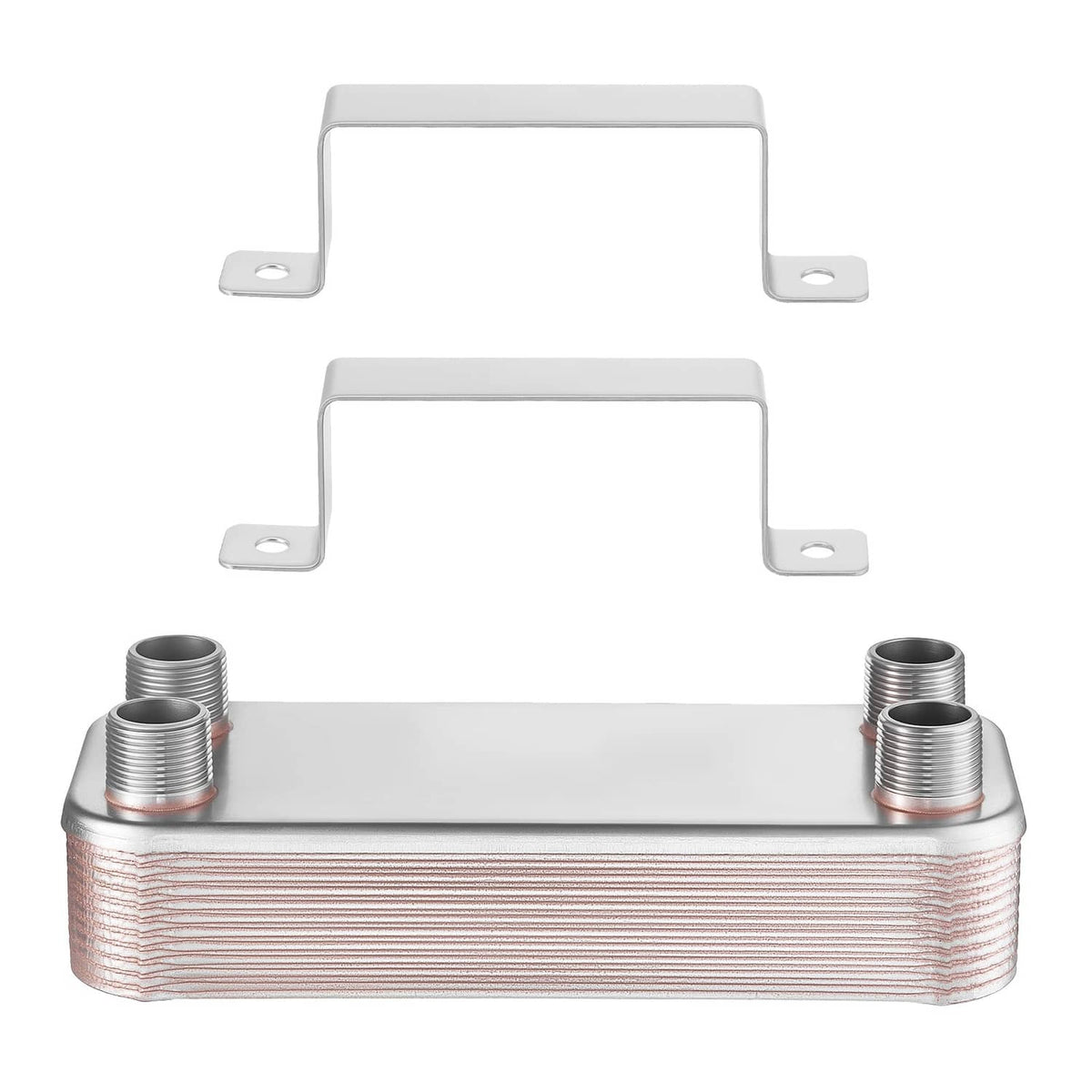 Brazed plate heat exchanger with mounting brackets and four threaded water ports