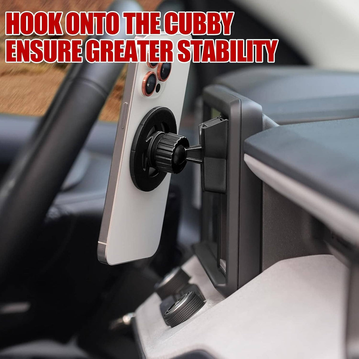 Magnetic phone holder cubby insert hooked into dash cubby opening for stability