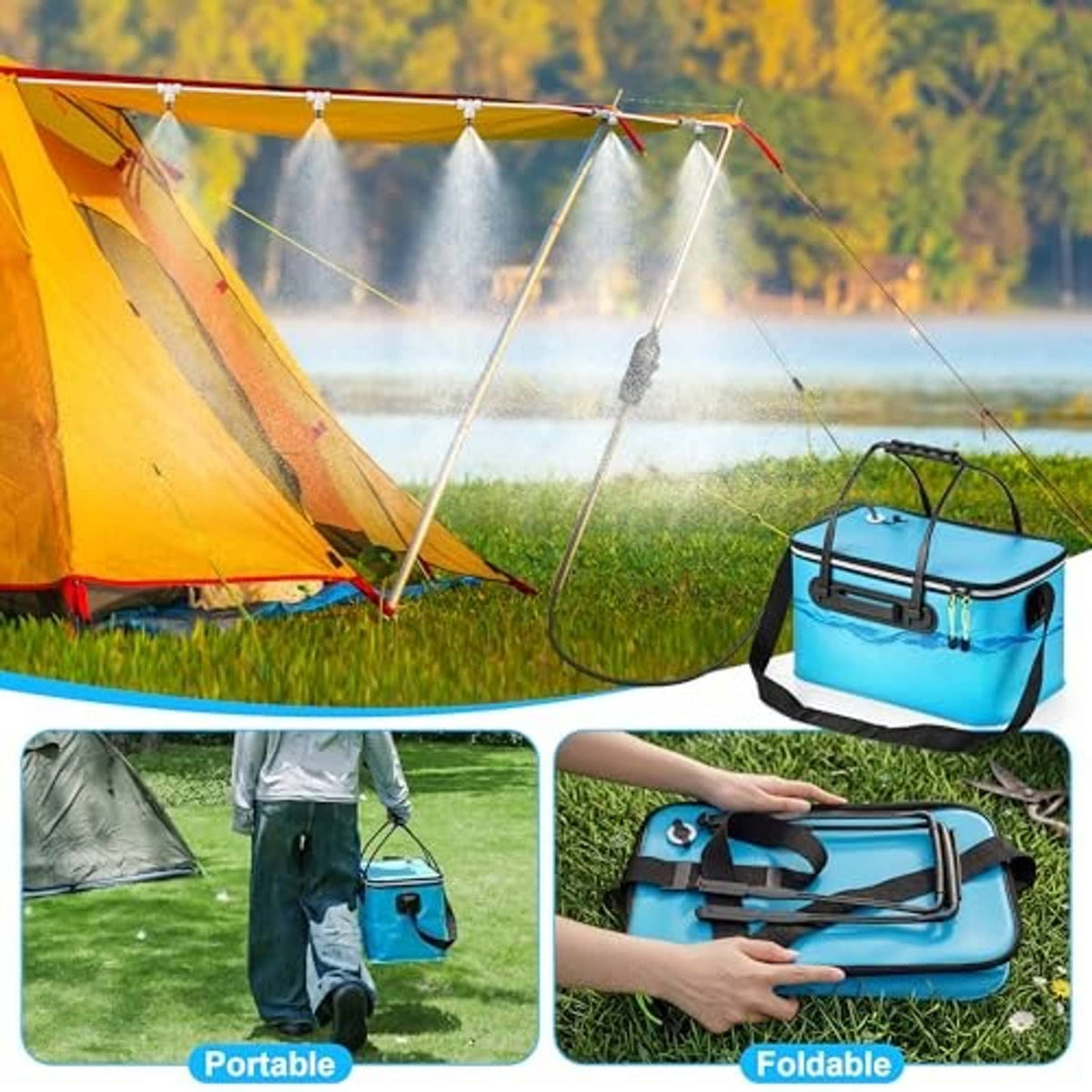Portable misting system beside camping tent, with blue bucket and overhead mist nozzles