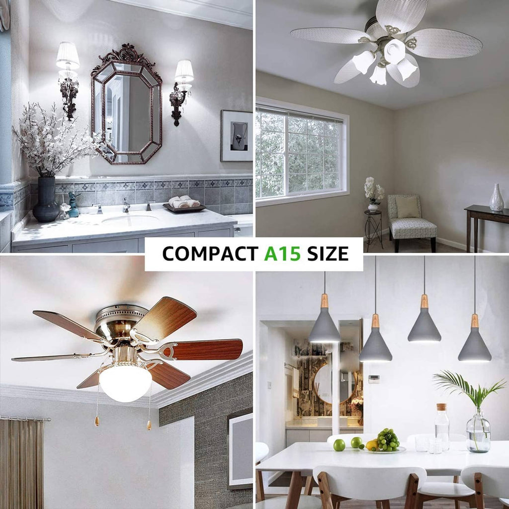 LED bulbs in home lighting scenes, including ceiling light fixtures