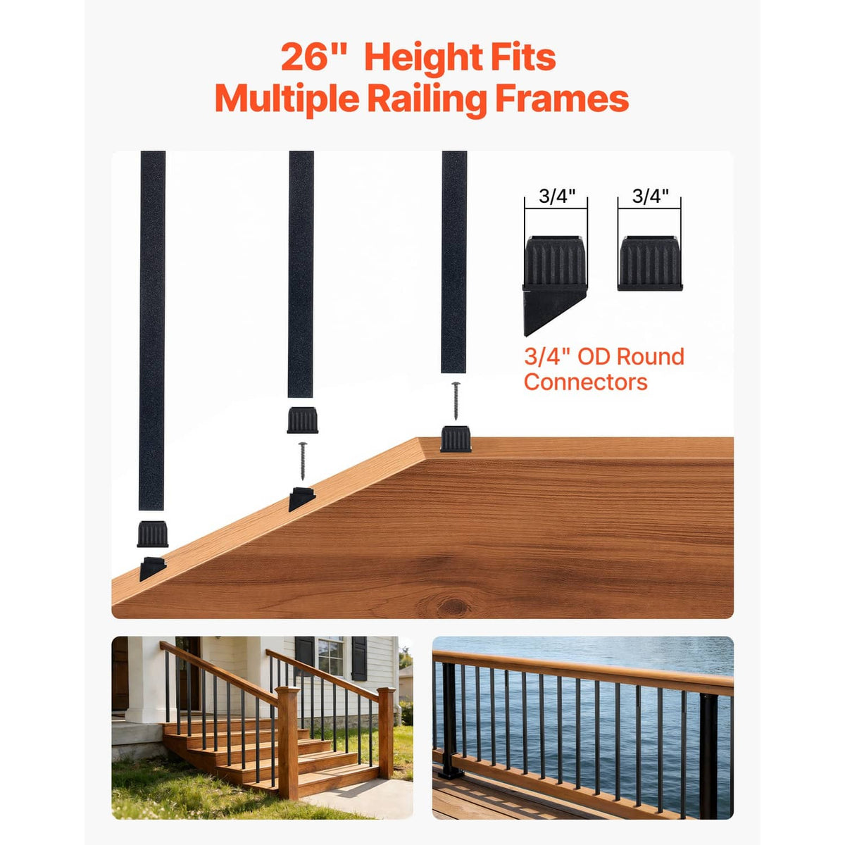 26 in black square deck baluster sections with 3/4 in connectors for railing frames