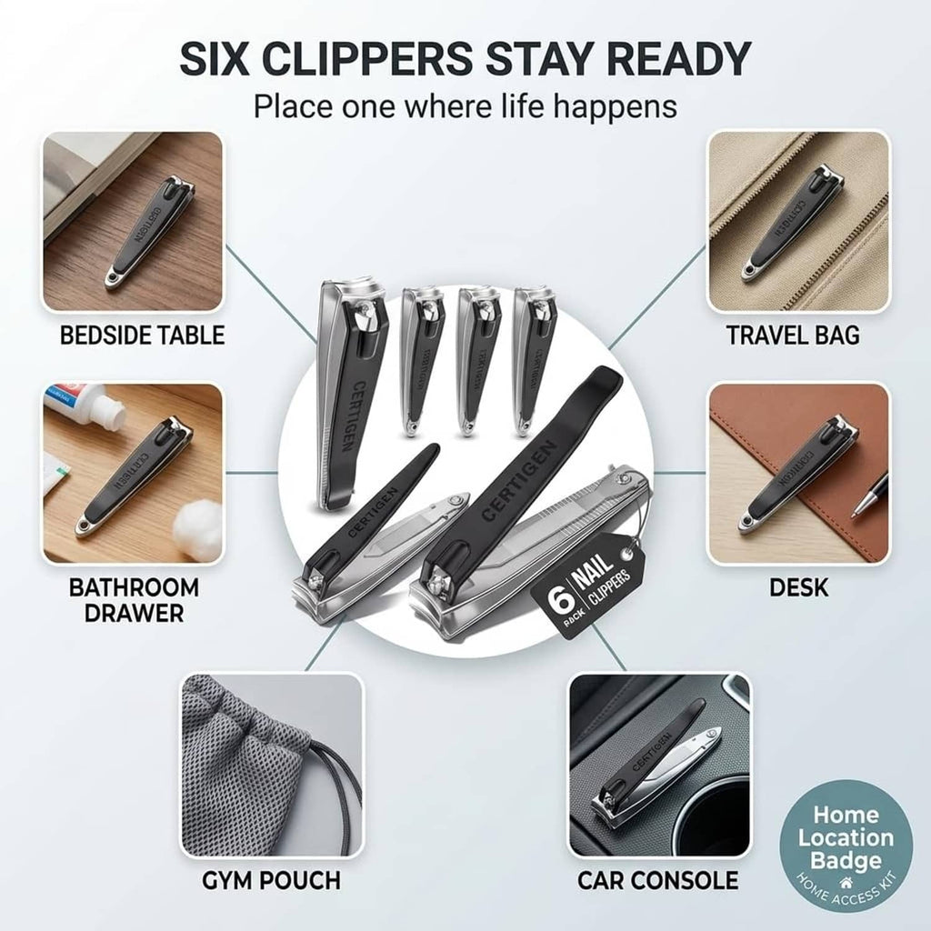 Six-pack nail clipper set shown with organized storage for home and travel