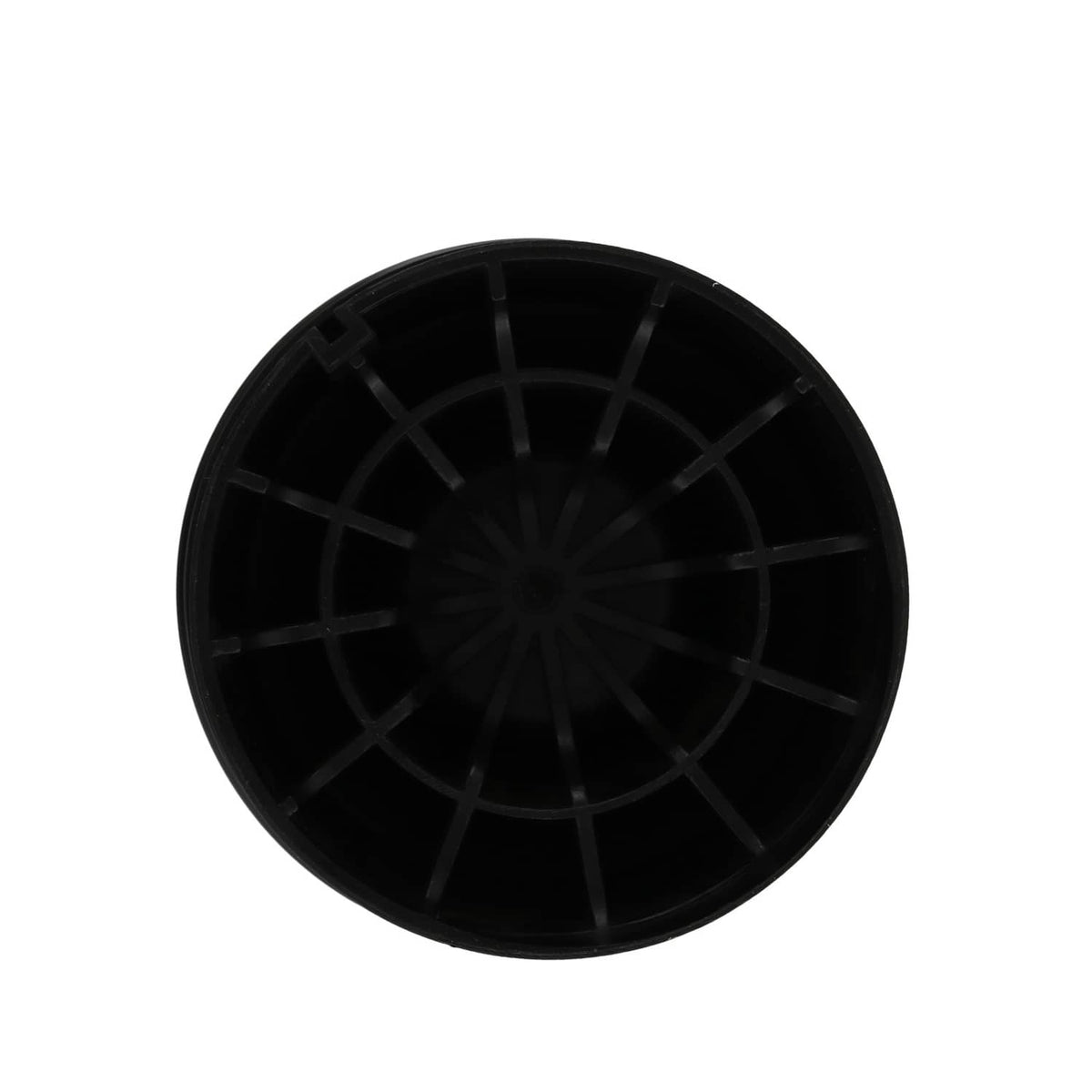 Air suspension strut end cap with black circular vented grille