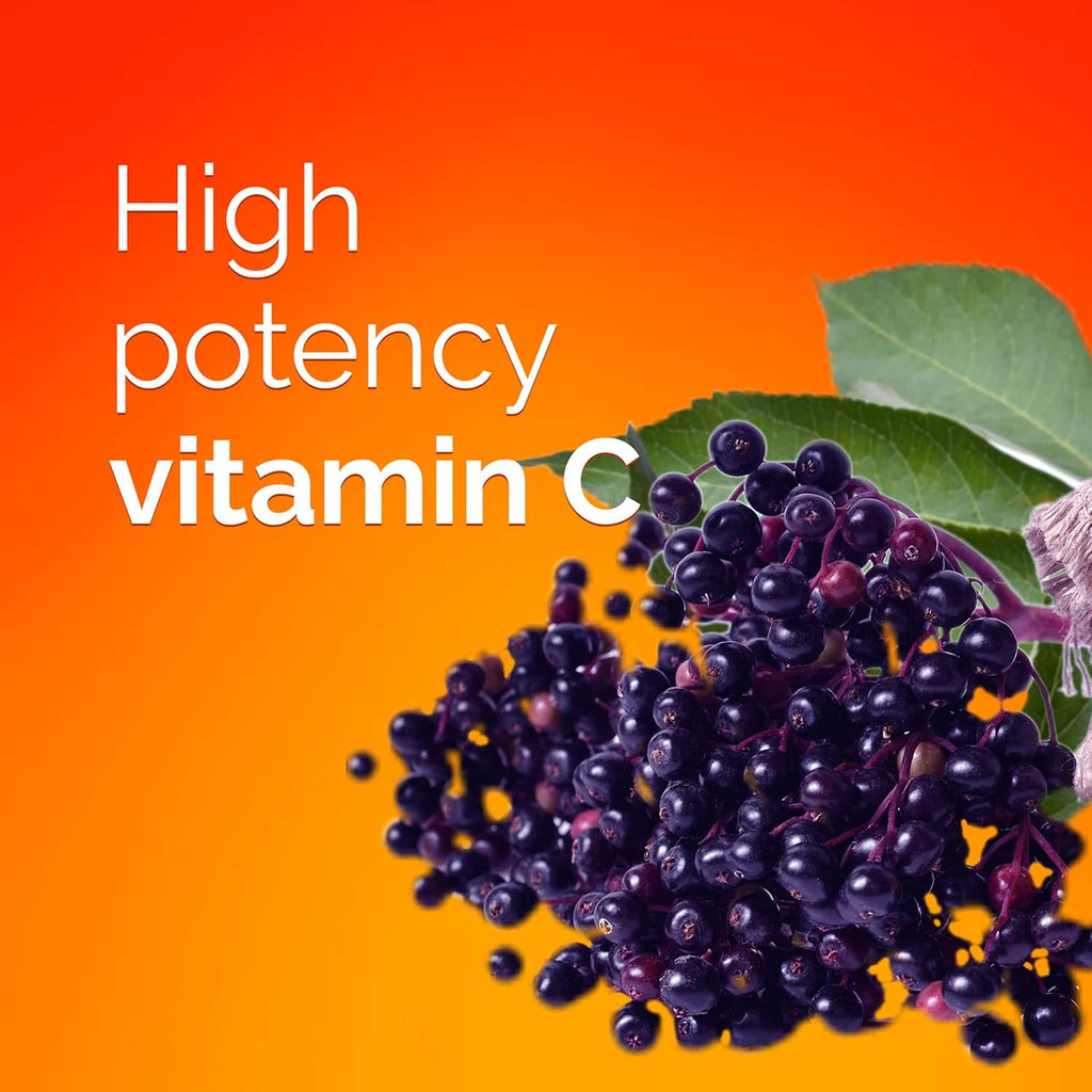 Elderberry berries and leaves with white text reading “High potency vitamin C”