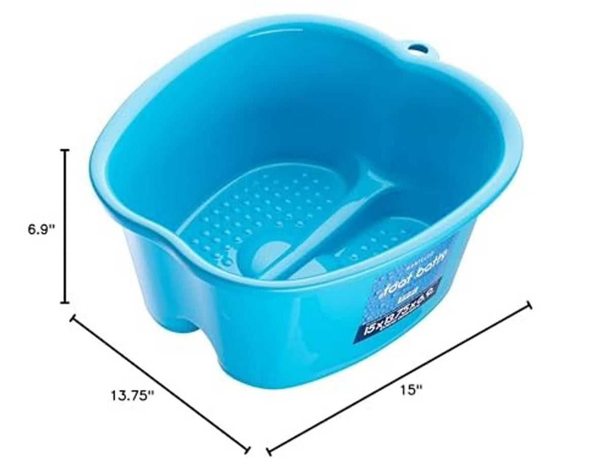 Blue foot bath tub with dimensions: 6.9 in tall, 13.75 in long, 15 in wide