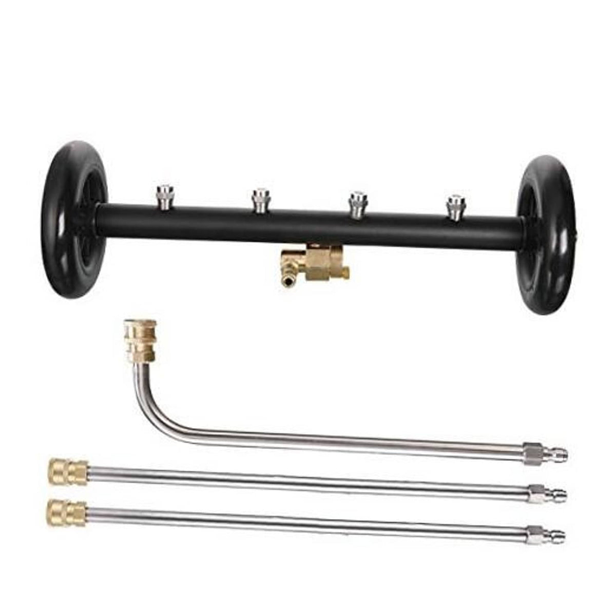 Dual-function undercarriage cleaner attachment: black wheeled bar, brass fittings, 2 wands
