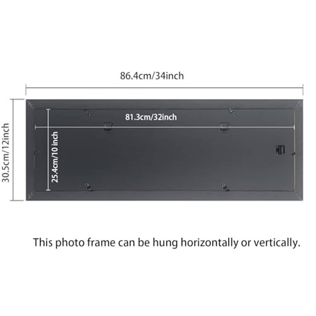 Black solid picture frame back view with hanging hardware and dimensions