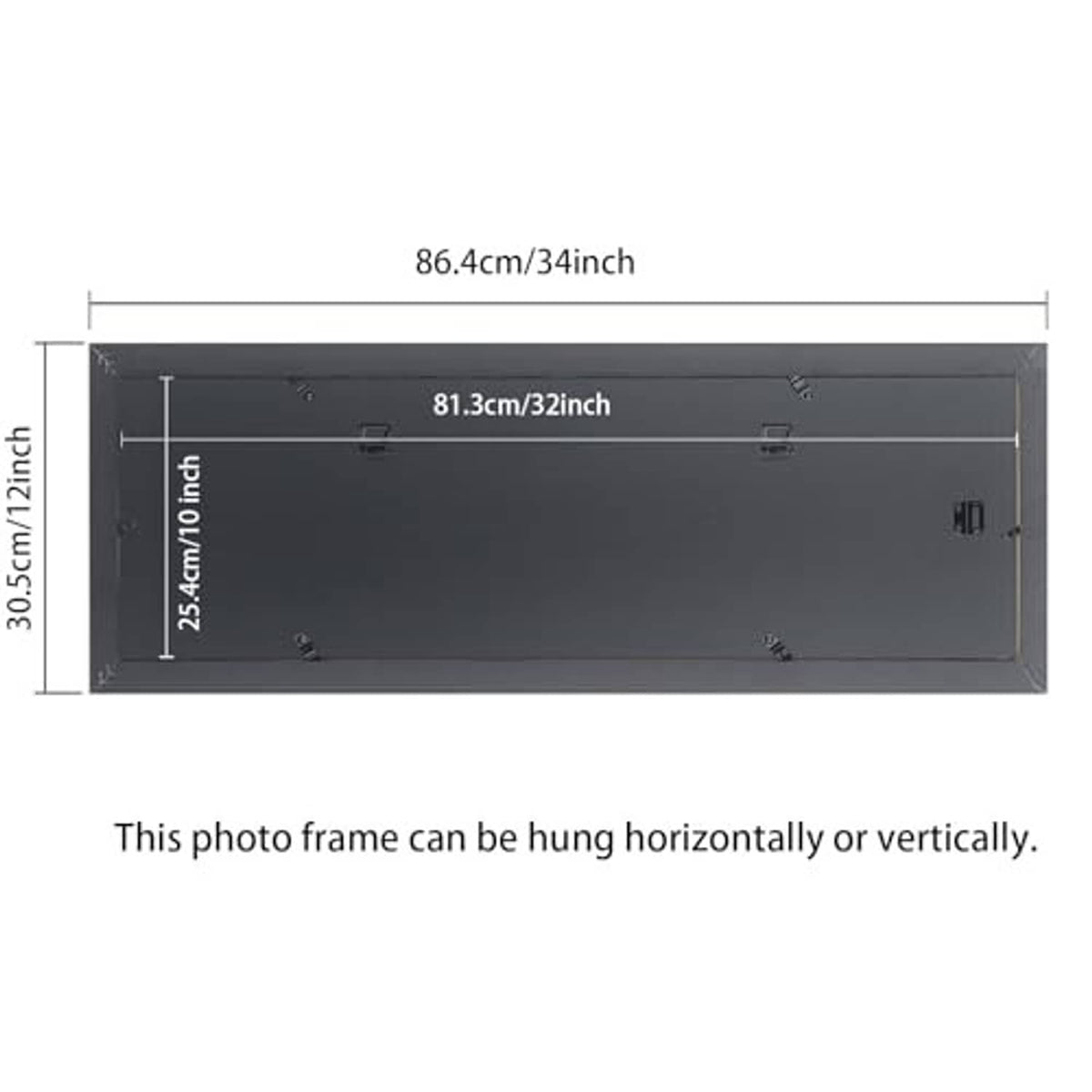 Black solid picture frame back view with hanging hardware and dimensions