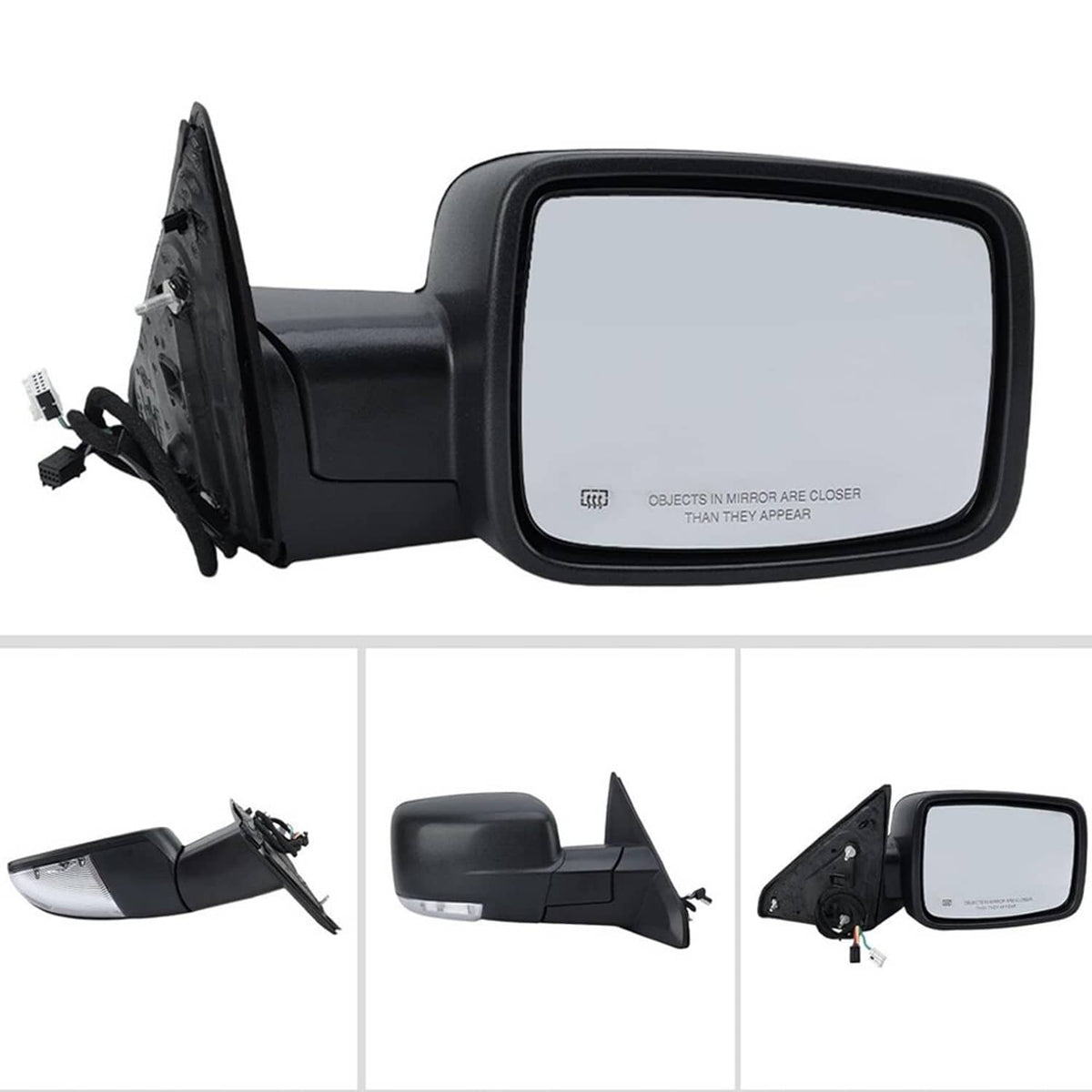 Black right side mirror assembly with mounting bracket and clear glass, multi-view