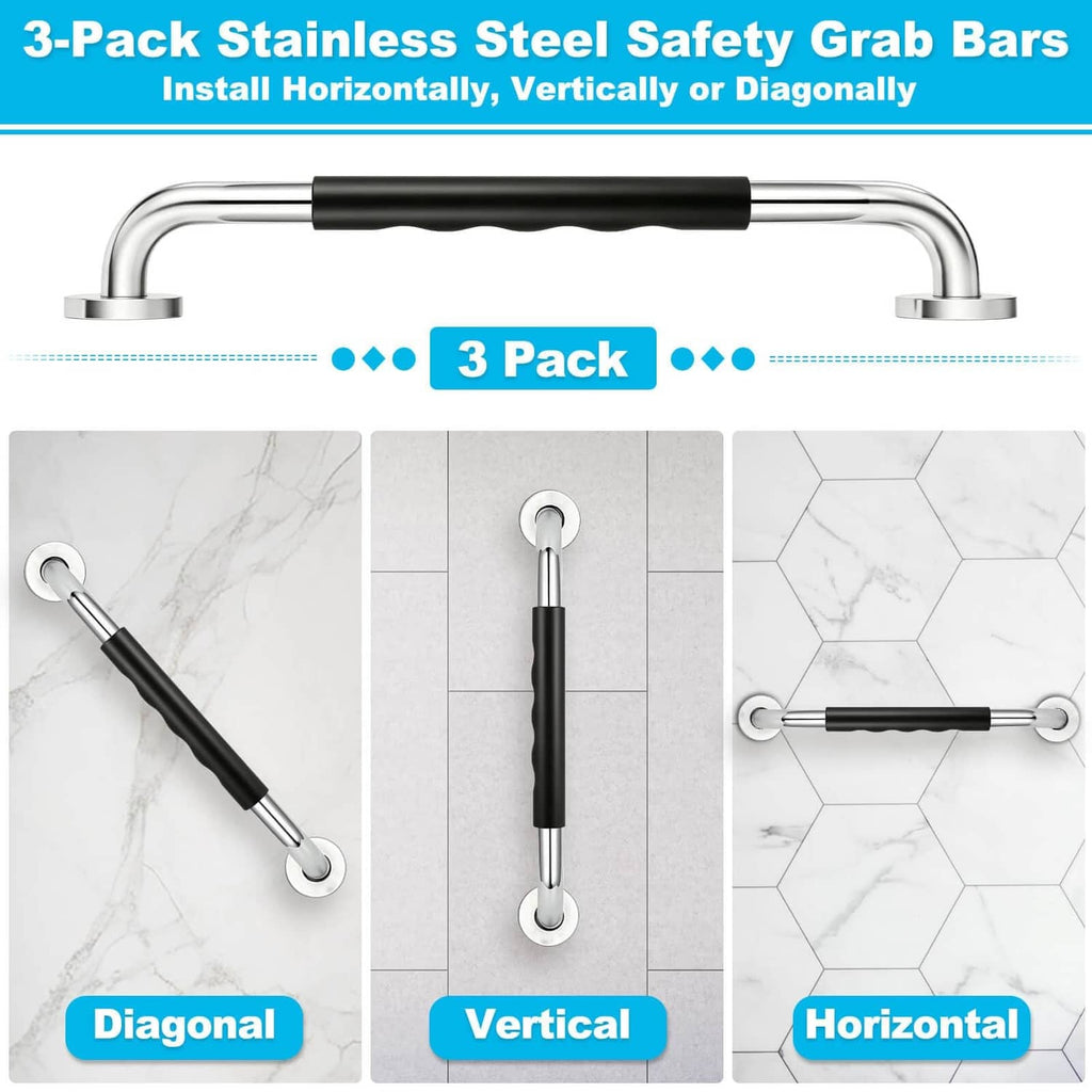 3-pack stainless steel grab bars with black grips shown in diagonal, vertical, and horizontal use