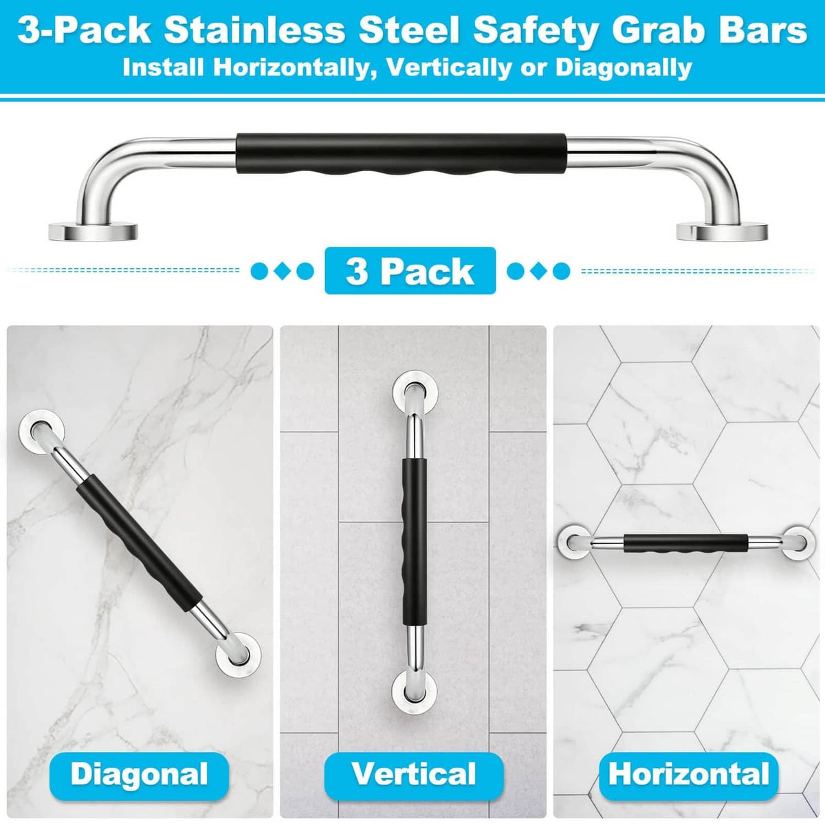 3-pack stainless steel grab bars with black grips shown in diagonal, vertical, and horizontal use