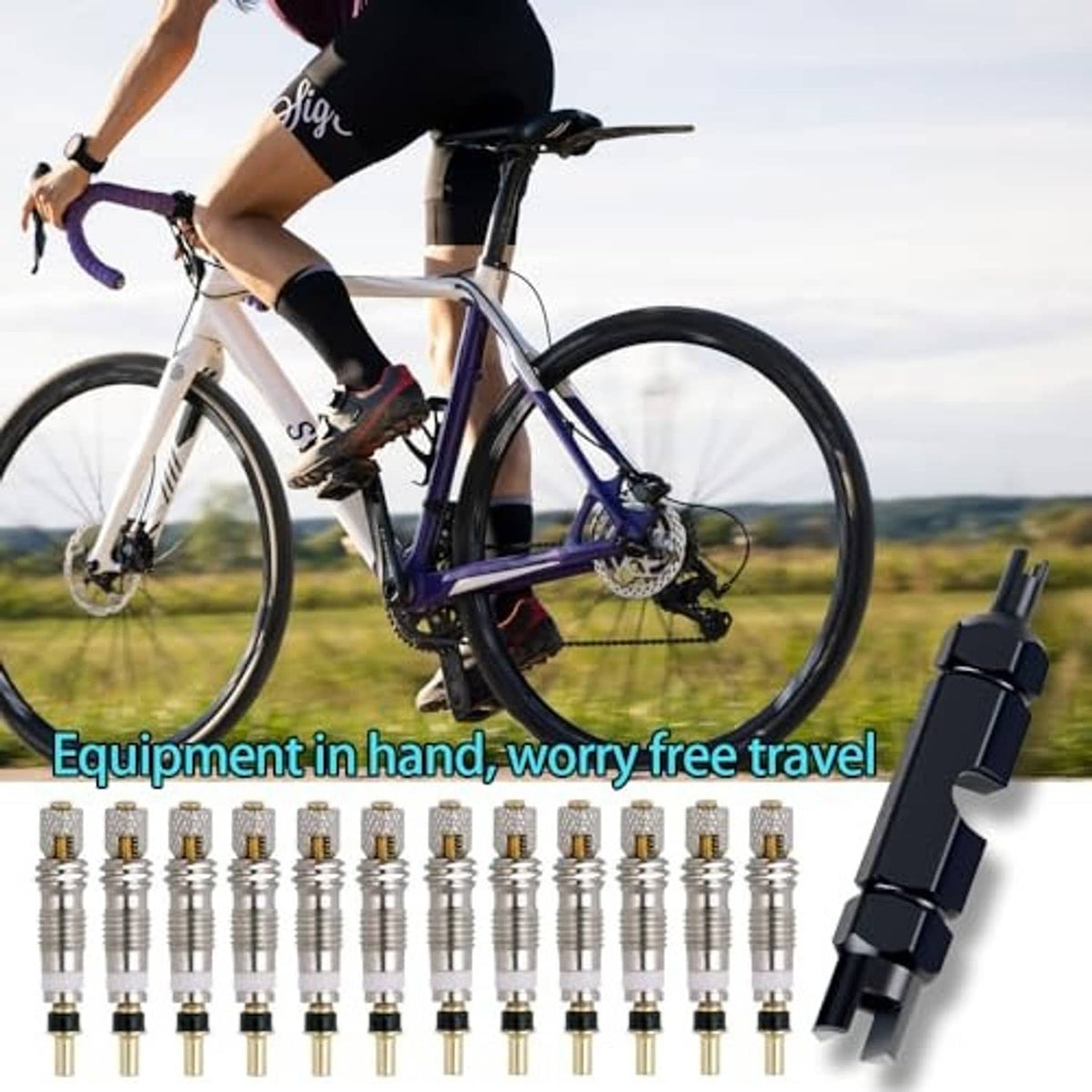 Road bike with presta valve core removal tool and multiple valve cores set
