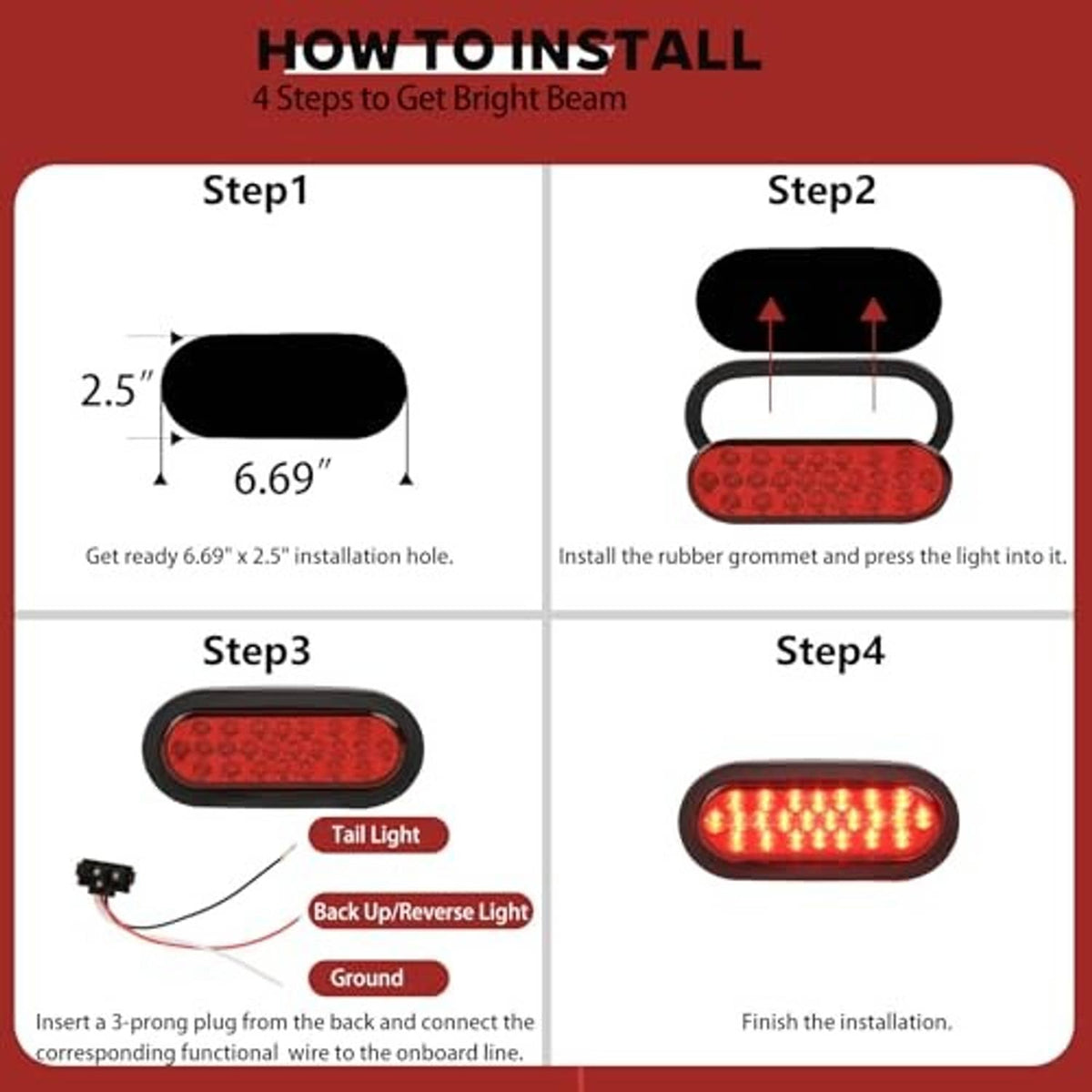 Oval red LED tail light install diagram with mounting hole size shown