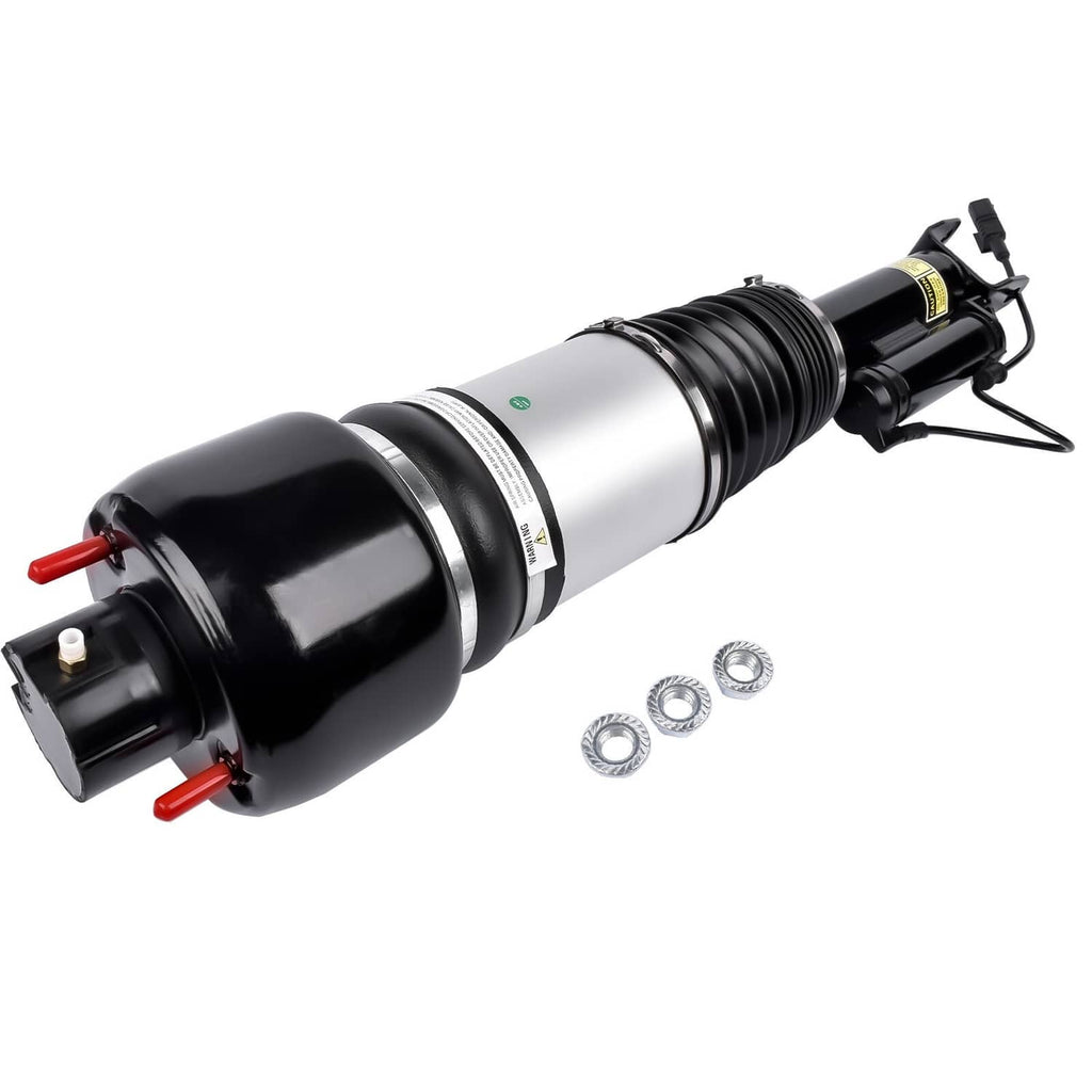 Front left air suspension strut with black sleeve and silver cylinder, includes fittings