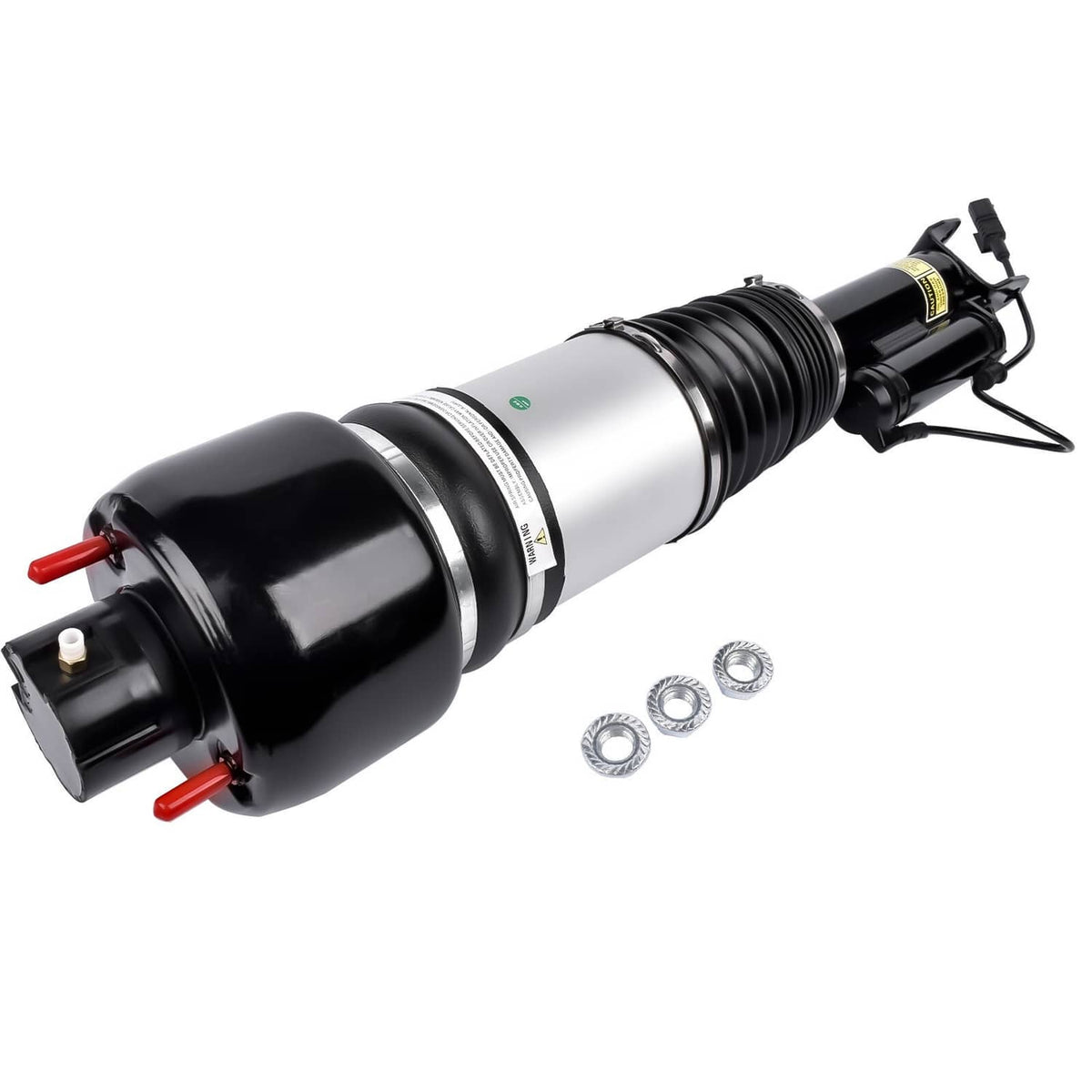 Front left air suspension strut with black sleeve and silver cylinder, includes fittings