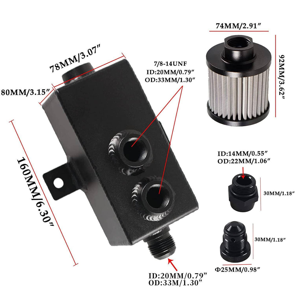Oil catch can reservoir tank with cylindrical filter and labeled dimensions and fittings