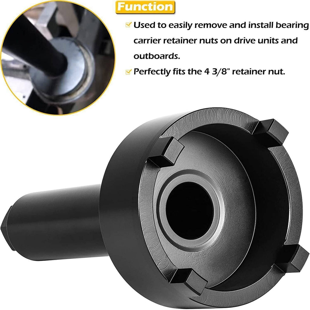 Black bearing carrier retainer wrench with large round socket head and side open slot