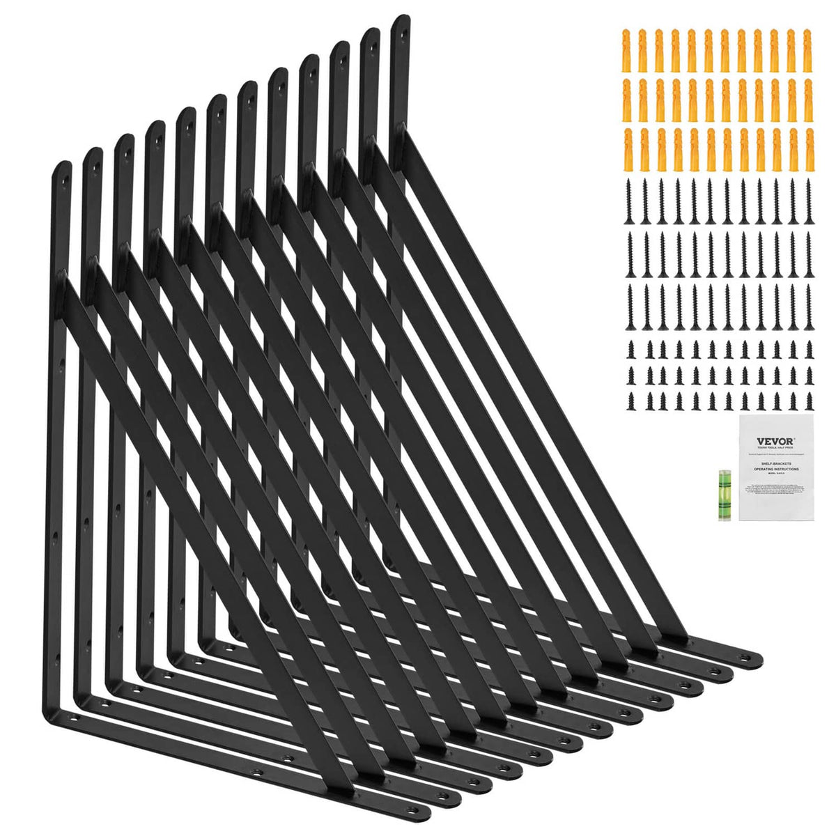 Triangular floating shelf bracket set of black steel with multiple hinged supports