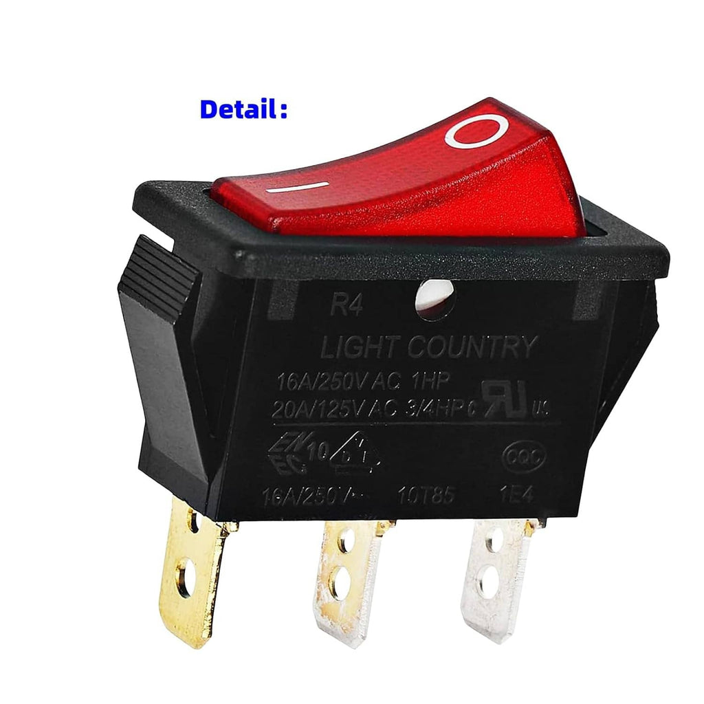 Lighted rocker switch showing red cap and three metal terminals on black housing