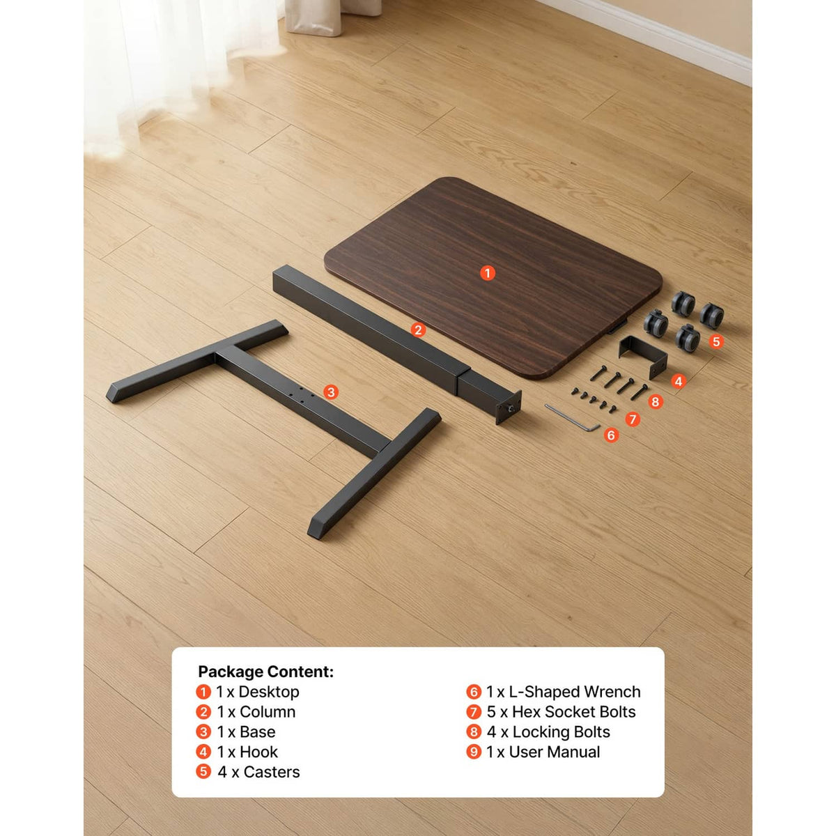 Adjustable standing desk components: dark top, U base, column, casters and hardware