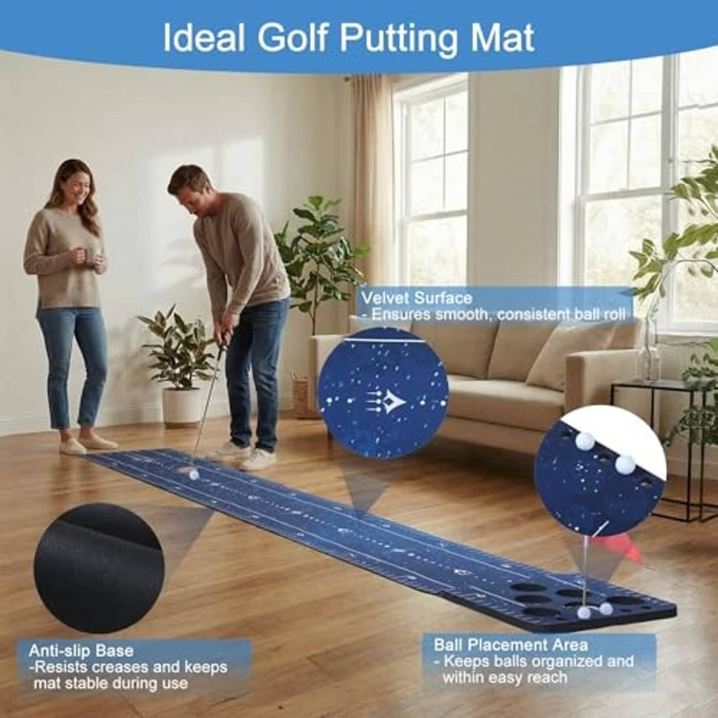 Blue golf putting mat with anti-slip base, ball placement area, balls, and flag