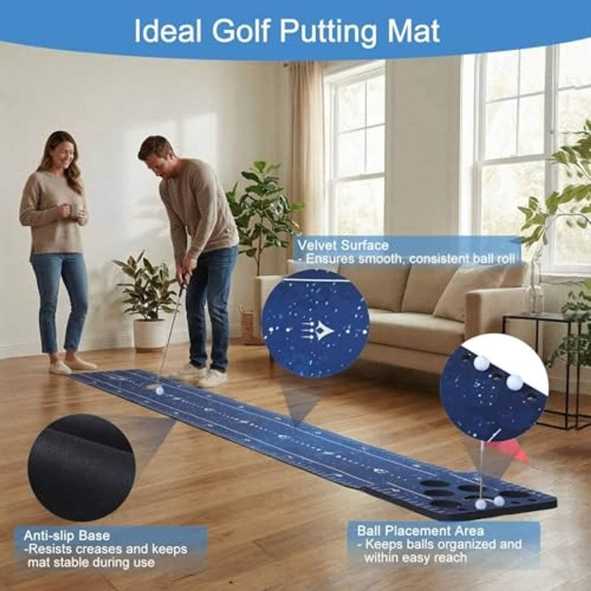 Blue golf putting mat with anti-slip base, ball placement area, balls, and flag