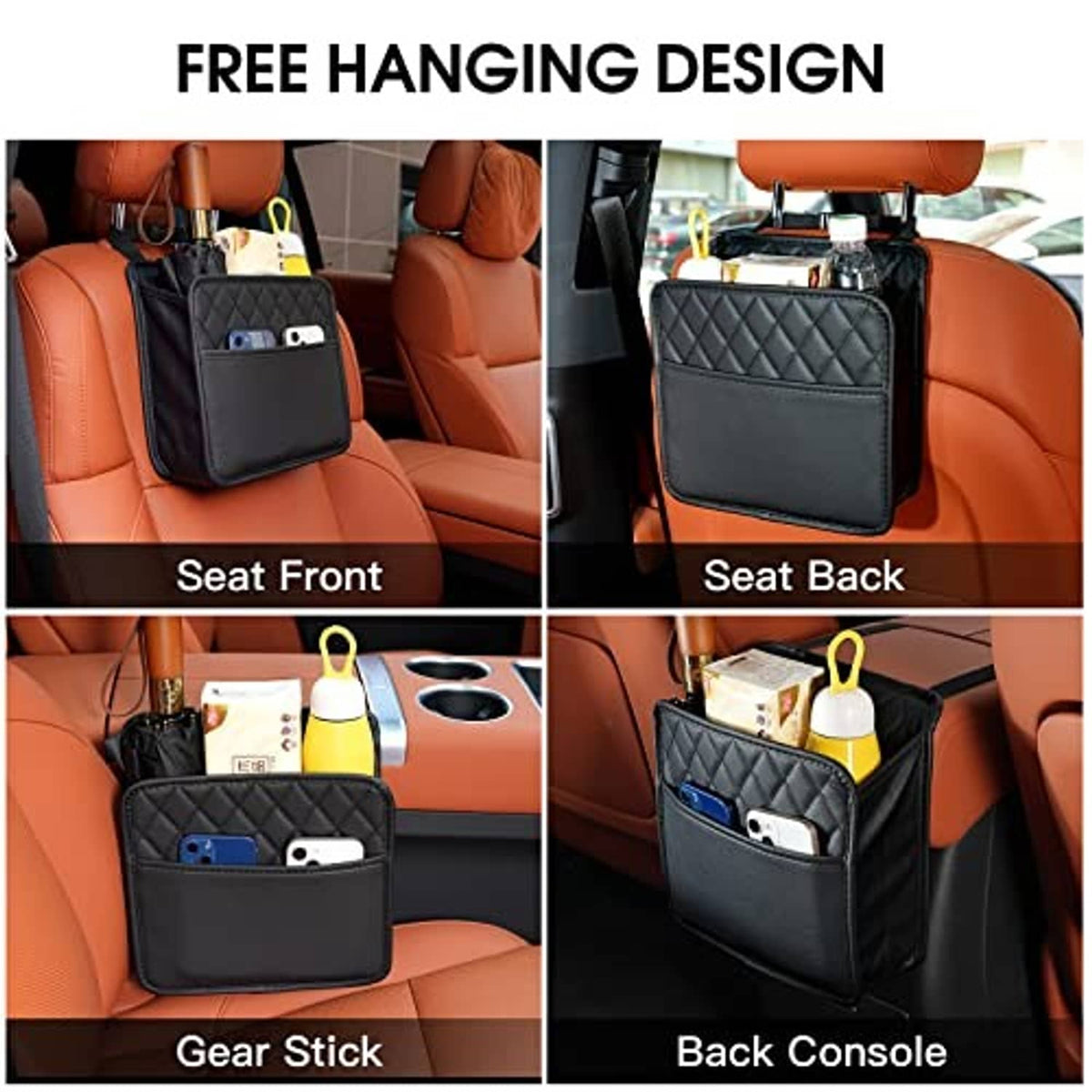 Car seat organizer bag with free-hanging design, black quilted pouch with multiple pockets