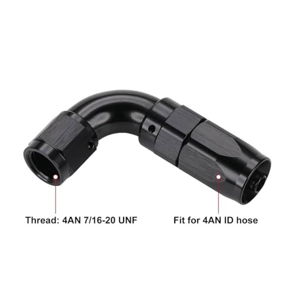 Black 90-degree AN hose end fitting showing both ends and curved inlet