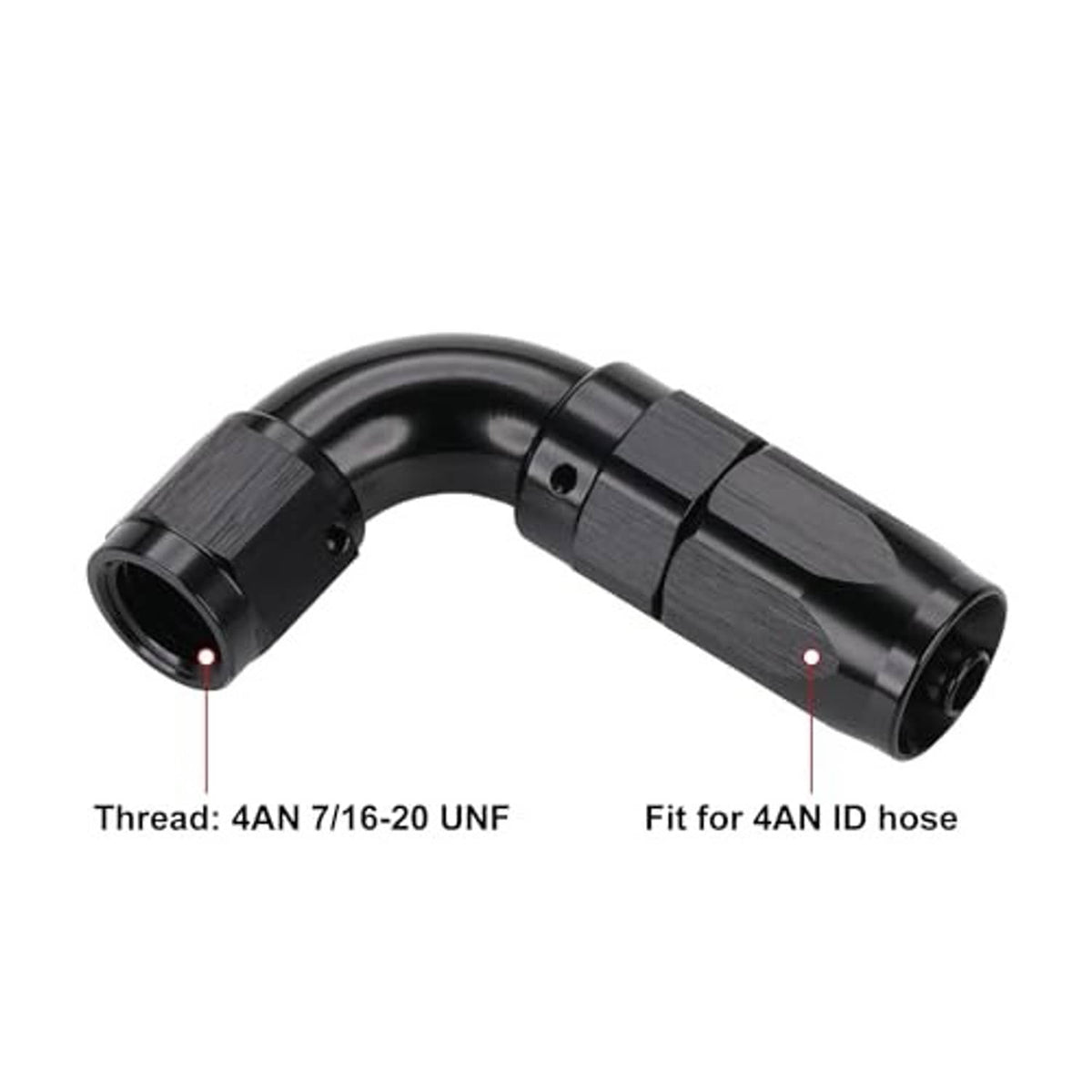 Black 90-degree AN hose end fitting showing both ends and curved inlet