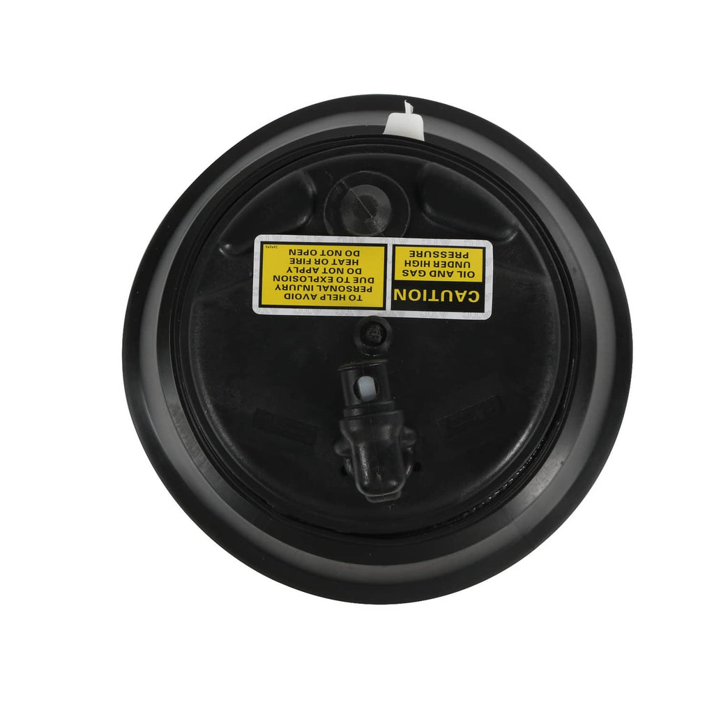 Black air suspension air spring bag with warning label on underside