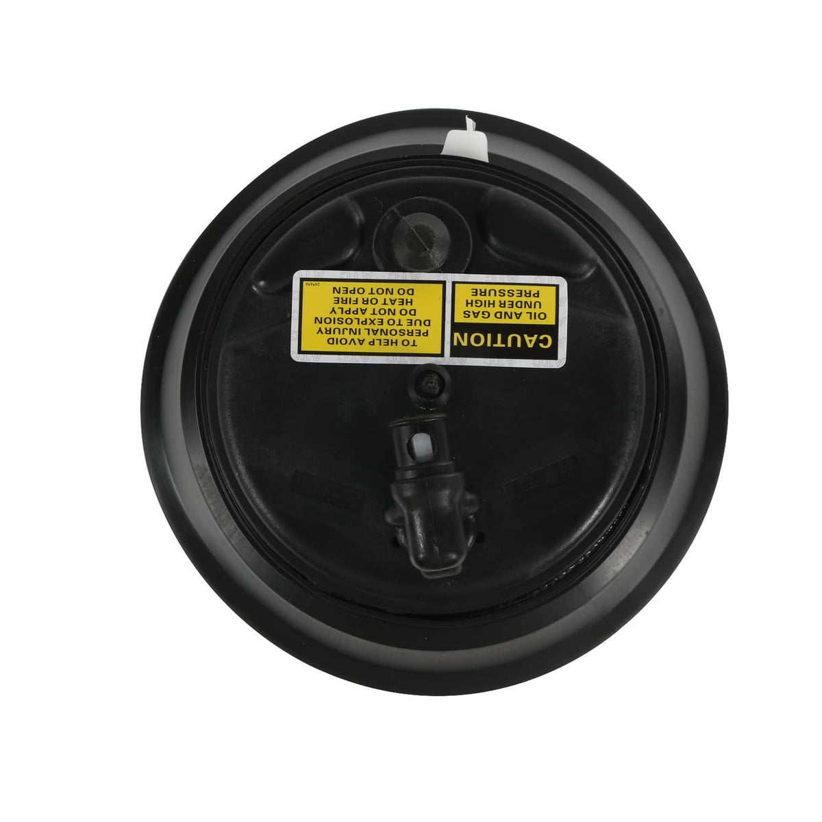 Black air suspension air spring bag with warning label on underside
