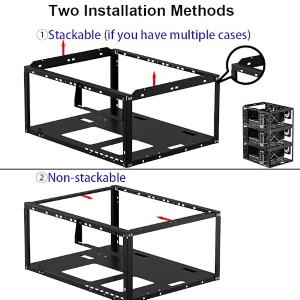 Open frame PC case with stacked and non-stacked installation options