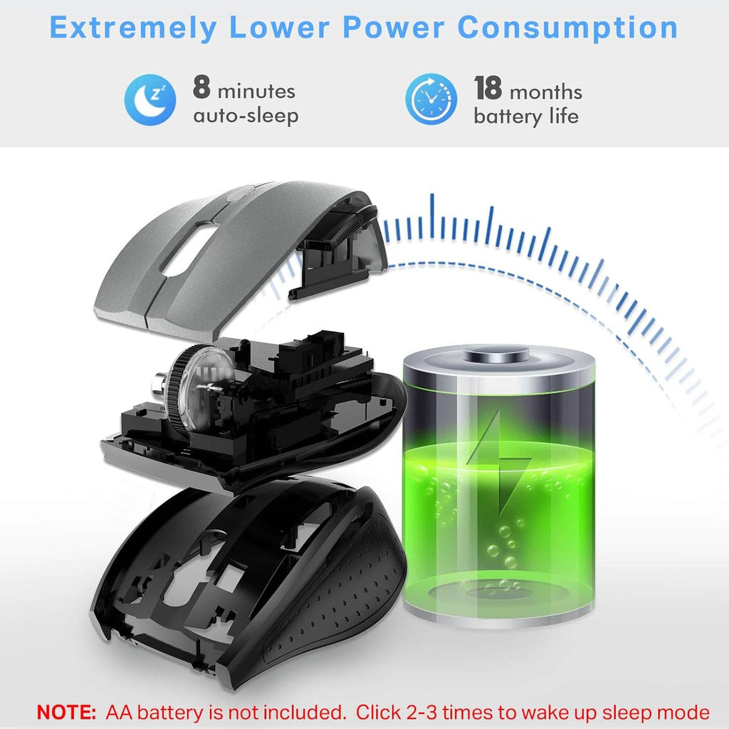 Wireless mouse with visible internal parts and battery illustration next to it
