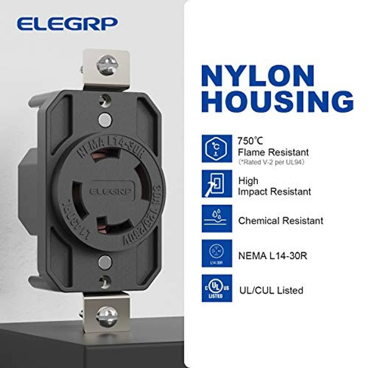Nylon locking receptacle with dark gray housing and metal mounting strap on ends