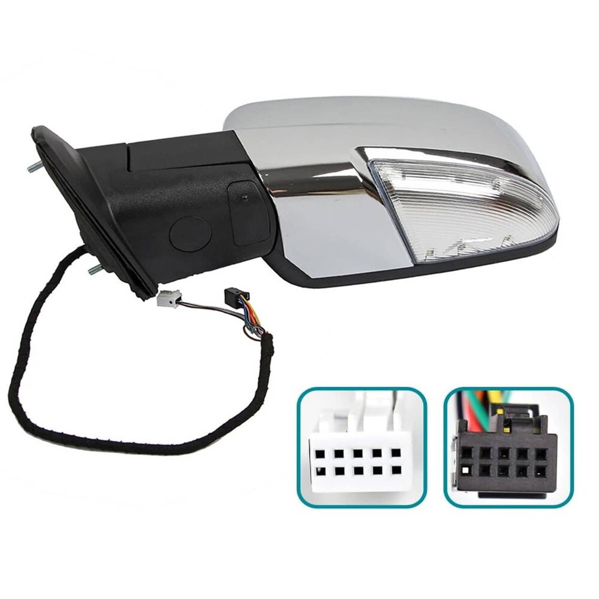 Left mirror cover with chrome glass and wiring harness, black housing with signal lens