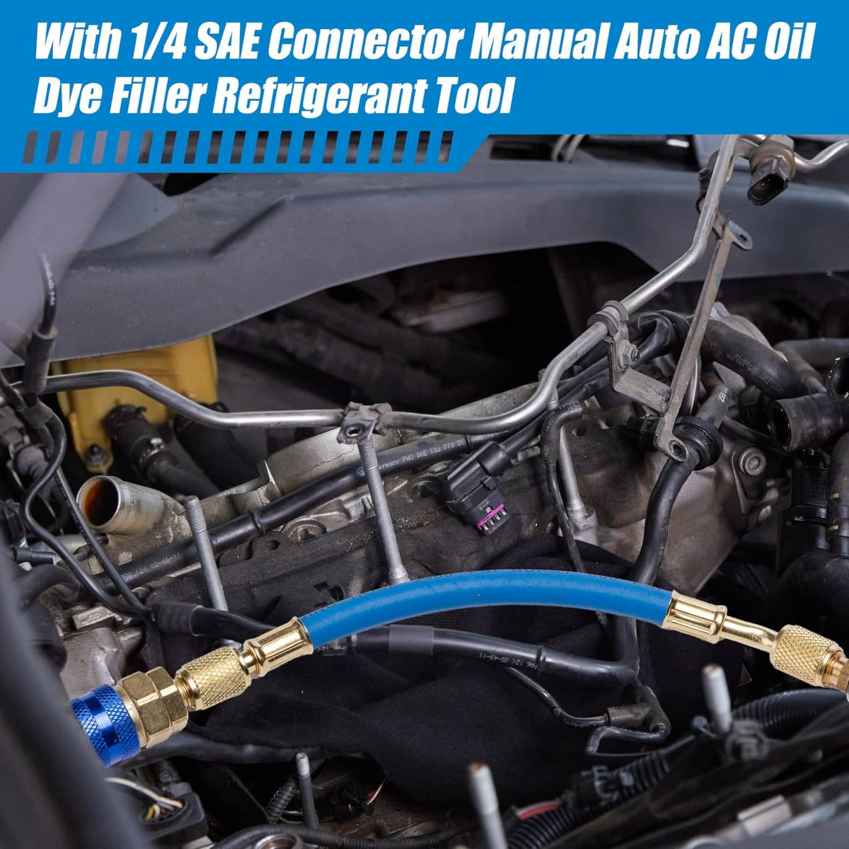 Manual AC oil injector tool with blue hose and brass connectors on engine