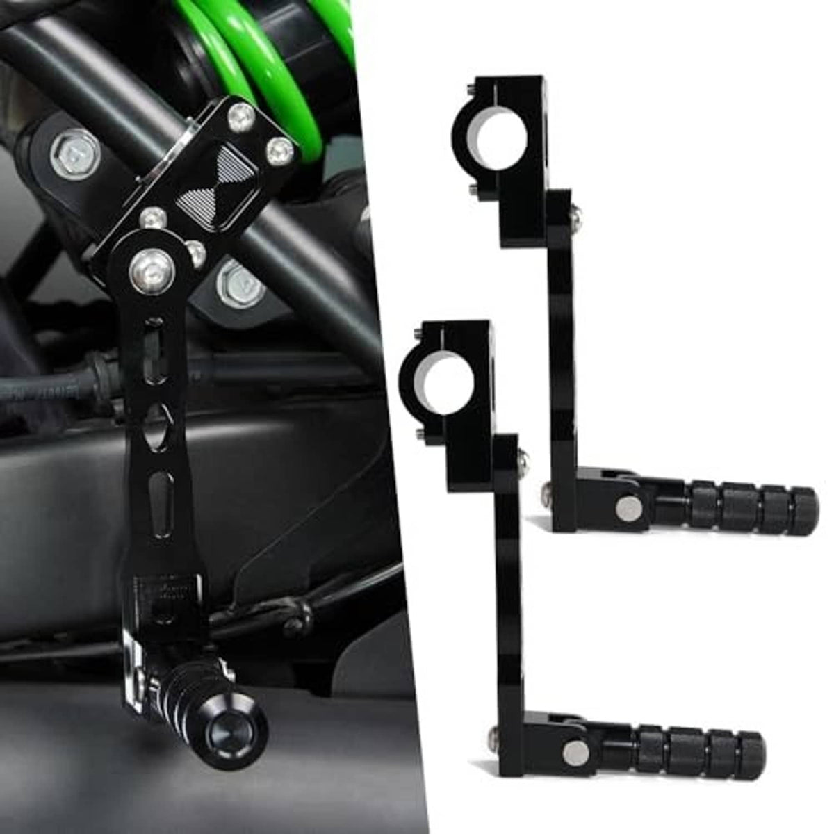 Pair of black adjustable footpeg brackets with textured rubber footrests and pegs