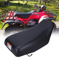 Black ATV replacement seat cushion with contoured shape and mounting hooks
