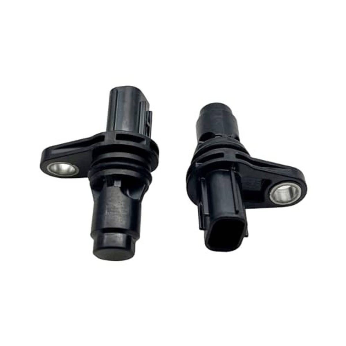 2-pack camshaft position sensors, black bodies with metal side tabs and round openings