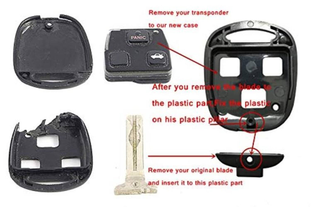 Black key fob case halves with transponder area and key blade shown