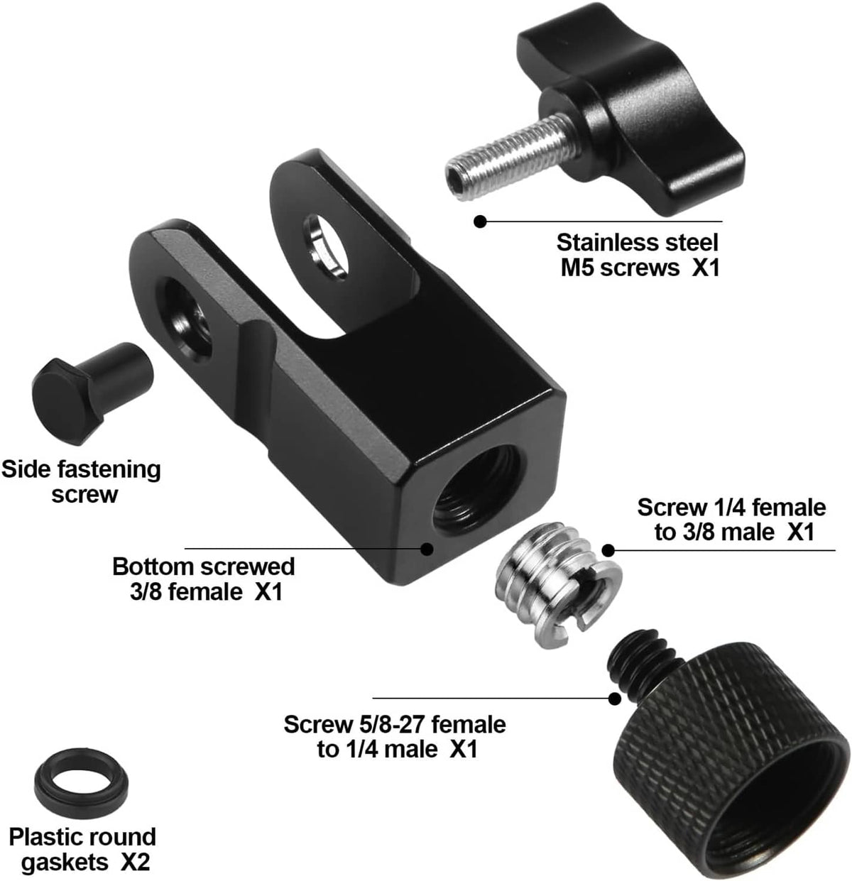 Black microphone mount adapter with side fastener screw and 3/8" to 1/4" threads