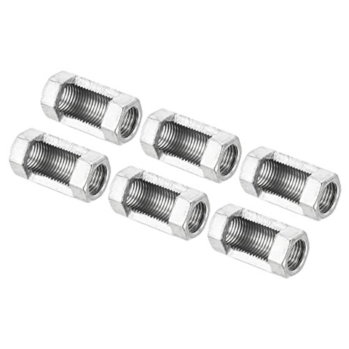 Set of 6 zinc-plated hex coupling nuts with threaded holes for coupling