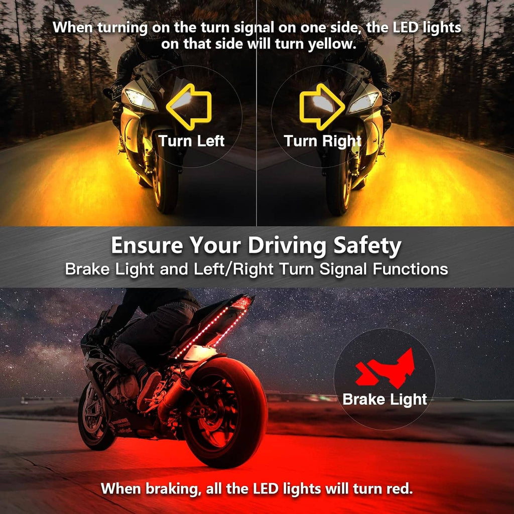 Motorcycle LED light strips for turn signals and brake light, glowing yellow and red