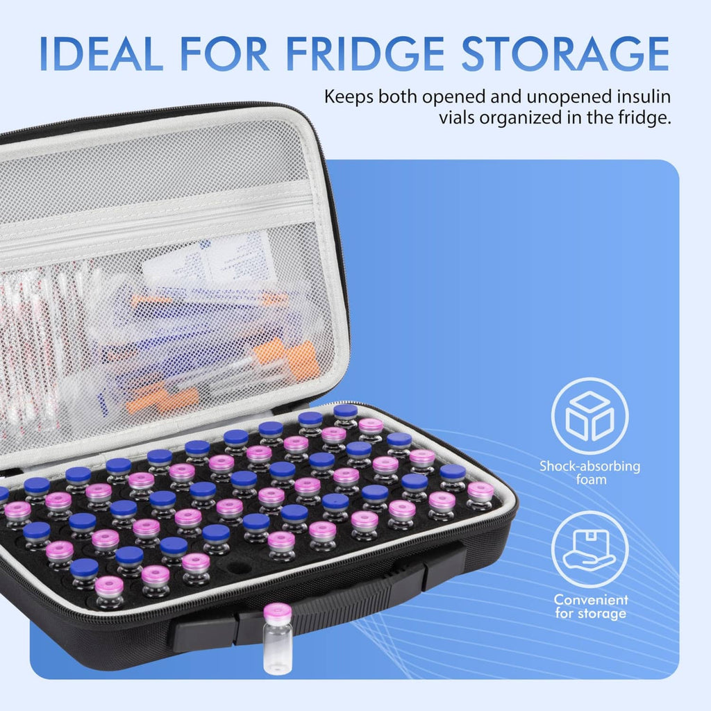 Open black 60-slot insulin vial case with clear mesh window and organized vials