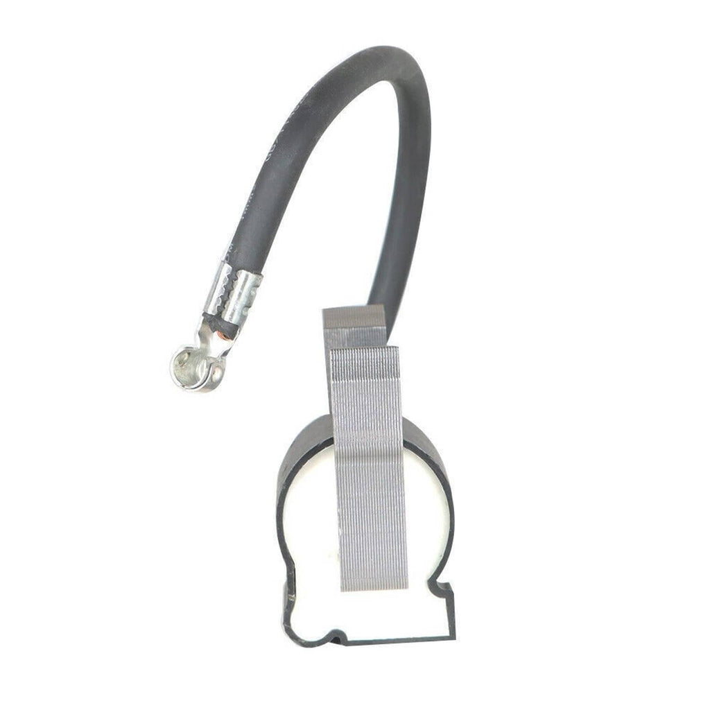 Ignition coil with black wire, silver terminal end, and ribbed mounting strap