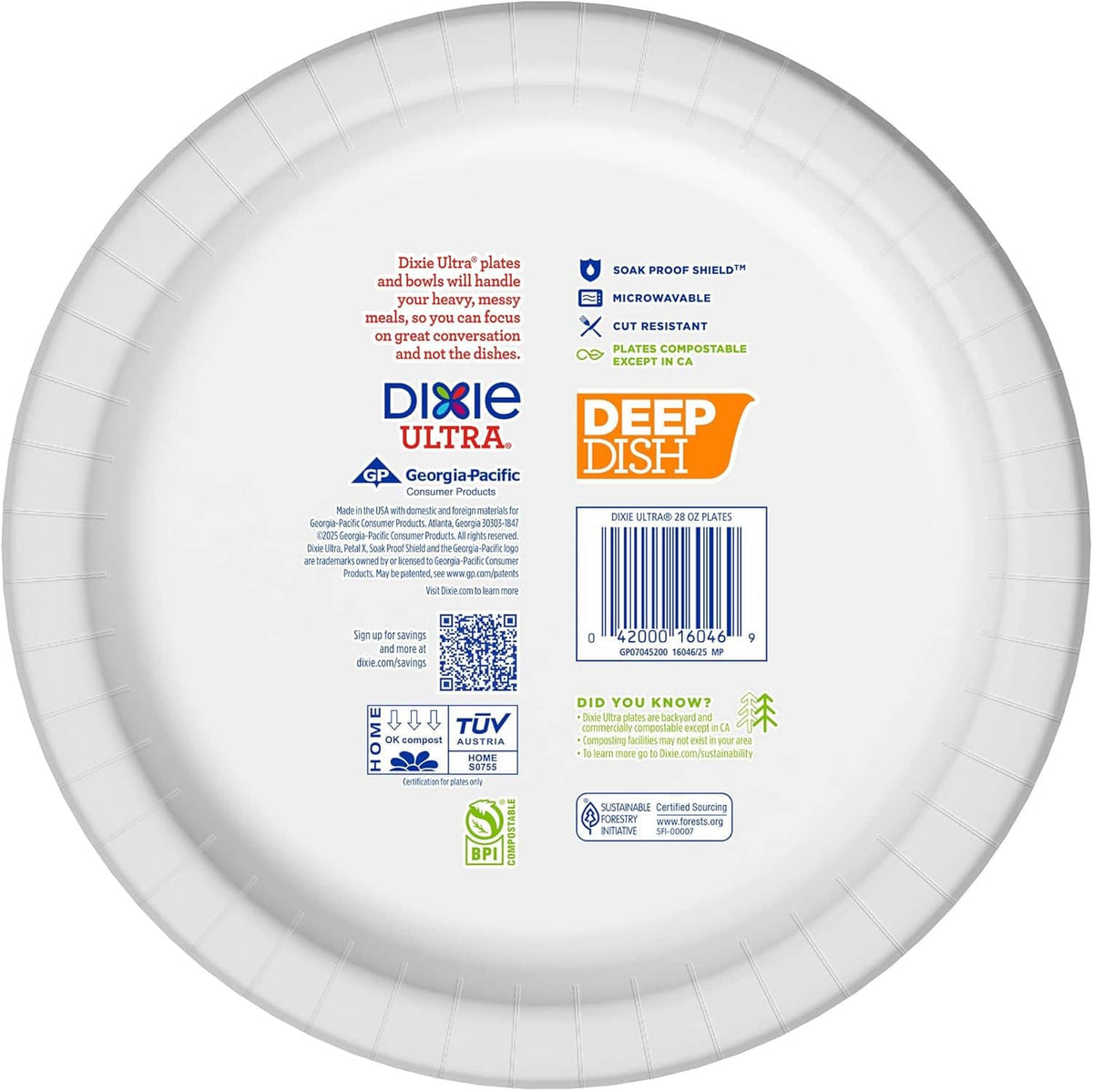 White deep dish paper plate back with printed product details and barcode